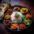 Indian yummy food closeup view with variety of appetizers and entrees