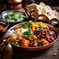 Indian yummy food closeup view with variety of appetizers and entrees