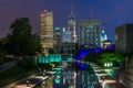 The Indiana Central Canal and downtown skyline at night in Indianapolis, Indiana