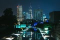 The Indiana Central Canal and downtown skyline at night in Indianapolis, Indiana