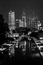 The Indiana Central Canal and downtown skyline at night in Indianapolis, Indiana