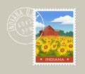 Indiana postage stamp design. Red barn with sunflowers