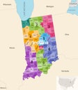 Indiana state counties colored by congressional districts vector map with neighbouring states and terrotories