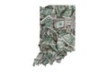 Indiana State Map Outline with Crumpled United States Dollars, Government Waste of Money Concept