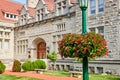 Indiana University college campus exterior buildings with flowers Royalty Free Stock Photo
