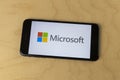 Microsoft logo on a smartphone. Microsoft develops and manufactures Windows and Surface software