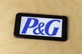 Procter & Gamble logo on a smartphone. P&G is the world`s biggest advertiser with dozens of consumer brands and products Royalty Free Stock Photo