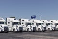 Volvo Semi Tractor Trailer Trucks Lined up for Sale. Volvo is one of the largest truck manufacturers Royalty Free Stock Photo