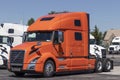 Volvo Semi Tractor Trailer Trucks Lined up for Sale. Volvo is one of the largest truck manufacturers Royalty Free Stock Photo