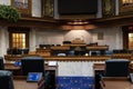 Indiana State Senate chambers. The State Senate makes up one half of the General Assembly