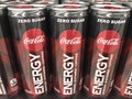 Coca Cola Energy Zero Sugar drink cans. Coke entered the Energy Drink market after buying an interest in Monster Beverage