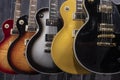 Les Paul type electric guitar display. Electric guitars have been part of the music scene since the 50s