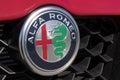 Alfa Romeo logo, a division of Stellantis. The logo shows a red cross, and the biscione, a crowned viper swallowing a Moor Royalty Free Stock Photo