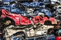 Indianapolis - Circa September 2017: Stacked junk yard clunker cars prepared for crushing to be recycled IX Royalty Free Stock Photo