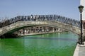 Unidentified People walking by the Green Dyed Canal and some standing on the bridge at St Patrick\'s Day in Indianapolis, IN Royalty Free Stock Photo