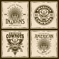 Indians and cowboys colored vintage emblems, badges, labels or prints on western thematic. Vector illustration on Royalty Free Stock Photo