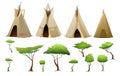 Indians wigwam hut made of felt and skins. Set of objects with trees. North American tribal dwelling. Traditional home Royalty Free Stock Photo