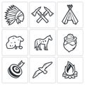 Indians Wild West and the Gold Rush icons set. Vector Illustration.