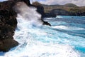 Indic sea waves hitting the cliff rocks at AngelÃ¢â¬â¢s Billabong point, an amazing spot close to Broken beach in Nusa Penida Island