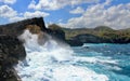 Indic sea waves hitting the cliff rocks at AngelÃ¢â¬â¢s Billabong point, an amazing spot close to Broken beach in Nusa Penida Island