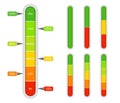 Indicator scale. Bar of meter with progress level from red to green. Vertical measuring ruler with percentage. Scale rating with