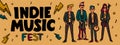 Indie music festival horizontal banner or cover template. IIllustration of musicians and and indie rock fest inscription