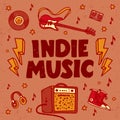 Indie music festival poster or flyer template. Illustration of music related objects such as guitar, sound amplifier