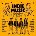 Indie music festival poster or flyer template. Illustration of musicians and and indie rock fest inscription on yellow Royalty Free Stock Photo