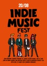 Indie music festival poster or flyer template. Illustration of musicians and and indie rock fest inscription on yellow Royalty Free Stock Photo