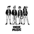 Indie rock music band. Black and white illustration of musicians wearing leather jackets. Template for card, poster