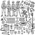 Indie rock music set. Black and white illustration of musicians and related objects such as guitar, sound amplifier