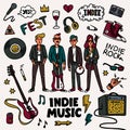 Indie rock music set. Illustration of musicians and related objects such as guitar, sound amplifier, rock inscriptions