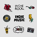 Indie rock music sticker set. Illustration of music related objects and inscriptions. Template for t-shirt print, pin