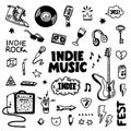 Indie rock music tatoos set. Black and white illustration of music related objects such as guitar, sound amplifier, rock