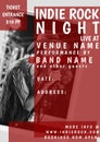 Indie rock night, live at, venue name, performance by band name and caucasian woman singing