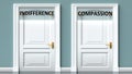 Indifference and compassion as a choice - pictured as words Indifference, compassion on doors to show that Indifference and