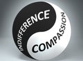 Indifference and compassion in balance - pictured as words Indifference, compassion and yin yang symbol, to show harmony between