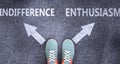 Indifference and enthusiasm as different choices in life - pictured as words Indifference, enthusiasm on a road to symbolize