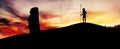 Indigenous of Easter Island on the hill at sunset Royalty Free Stock Photo