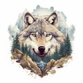 The head of a wolf on a white background with double exposure. Retro design graphic element