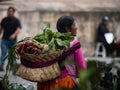 Indigenous woman in traditional andean dress costume carrying basket with vegetables radish in Cuenca Ecuador