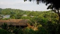 Indigenous wooden huts in the jungle with the river in the background.