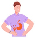 Indigestion icon. Young man with abdominal pain