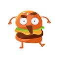 Indignant funny burger with big eyes and opened mouth. Cute cartoon fast food emoji character vector Illustration Royalty Free Stock Photo