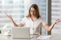 Indignant stressed businesswoman having problem with laptop, com