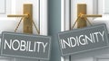 Indignity or nobility as a choice in life - pictured as words nobility, indignity on doors to show that nobility and indignity are Royalty Free Stock Photo