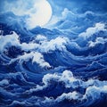 Indigo Baroque Seascape Abstract Painting With Full Moon And Waves
