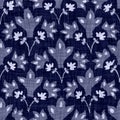 Indigo blue batik damask dyed effect texture background. Seamless japanese repeat pattern swatch. Rose motif wax resist