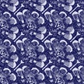 Indigo blue batik dyed daisy flower effect texture background. Seamless japanese repeat pattern swatch. Painterly floral