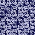 Indigo blue batik dyed pansy flower effect texture background. Seamless japanese repeat pattern swatch. Painterly floral